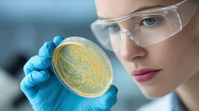 A lab technician in safety goggles and blue gloves holds a Petri dish with yellow bacterial colonies.
