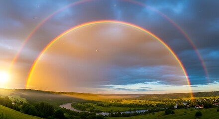 Obraz premium Vibrant Rainbow Over Lush Green Landscape at Sunset.