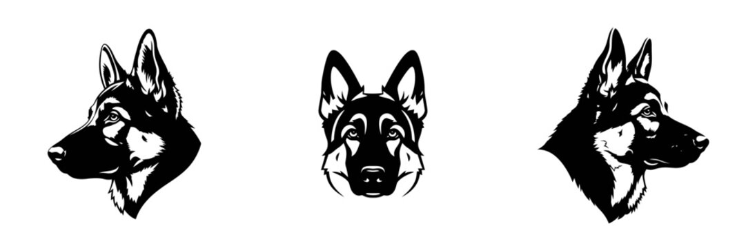 Set of Three Striking Black and White German Shepherd Dog Head Illustrations for Pet, Security, and K9 Logos

