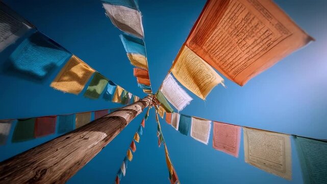 Colorful Tibetan prayer flags strung between tall wooden poles, fluttering in a clear blue sky.