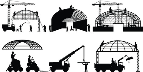 Obraz premium Construction workers building dome steel structures with cranes and heavy equipment, industrial architecture assembly, teamwork and engineering at modern construction site