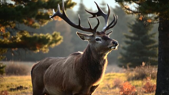 A majestic red deer with velvety antlers stands alert in a sun dappled forest, Soft morning light highlights fur texture and subtle twitches against blurred pines