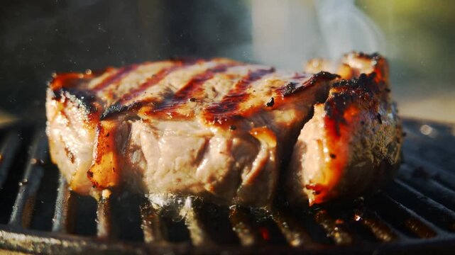 A juicy beef steak sizzles on a cast-iron grill, slow motion captures rising steam and glistening fat. Golden sunlight highlights charred marks