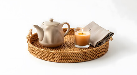 Cozy tea time setup with a ceramic teapot, lit candle, and soft napkin on a woven tray, perfect for relaxation and comfort.