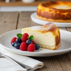 Delicious Basque Cheesecake Slice with Berries on a Plate.