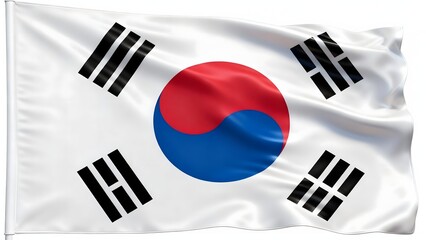 Photorealistic image of the flag of South Korea with a central Taeguk symbol in red and blue, surrounded by four black trigrams. Isolated on a white background.