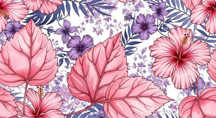 Floral Watercolor Pattern with Hibiscus and Leaves, Pink and Purple Hues.