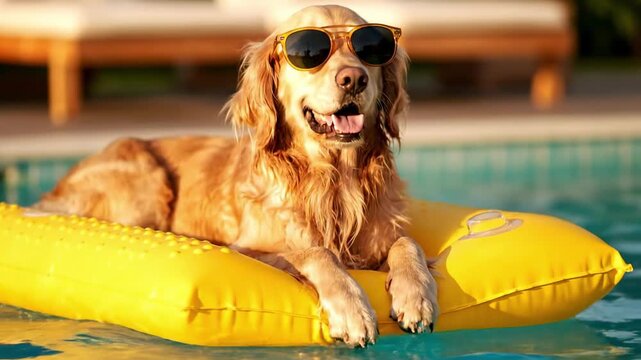 pool float for a dog - Golden retriever lounges on a bright yellow inflatable raft, wearing sunglasses and grinning content in a sunlit pool, relaxed summer vibes with blurred loungers in background