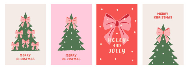 Merry Christmas card set in vintage crayon-style. Features hand-drawn Christmas tree, ribbons, bows, snowflakes, and festive lettering. Minimal cozy design perfect for holiday posters, banners,covers.