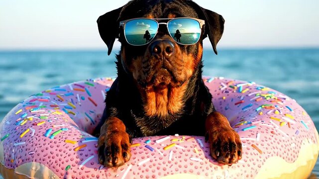 pool float for a dog - Sunlit Rottweiler lounges in a pink sprinkled donut float at sea, wearing reflective aviator shades; relaxed paws draped over rim, ocean horizon and clear sky behind, relaxed