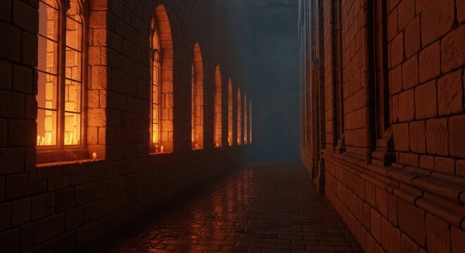 Dimly lit corridor with arched windows casting warm light, creating a mysterious atmosphere
