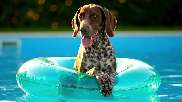 pool float for a dog - A brown-and-white spotted dog sits inside a turquoise inflatable ring floating on a bright azure pool, paws draped on the tube, tongue out, warm backlit bokeh greenery behind
