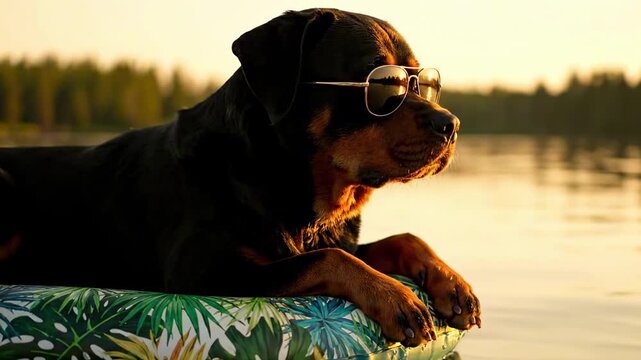 pool float for a dog - Sunset-lit Rottweiler lounges on a tropical-patterned float, wearing sunglasses and resting attentive paws on the rim, as a serene lake and treelines glow in warm golden light