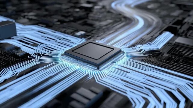 Close-up of a microchip on a motherboard with glowing blue circuit traces.