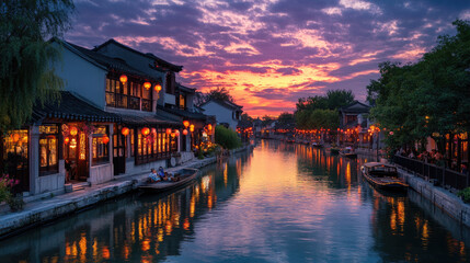 Traditional Chinese buildings with glowing red lanterns line a calm canal, reflecting vibrant sunset colors and creating a serene, historic atmosphere in a water town