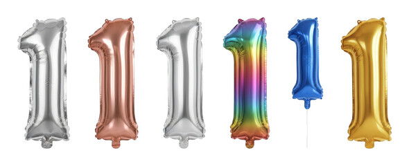 Number 1 foil balloon set including silver, rose gold, rainbow, blue, and gold colors isolated. Celebration and anniversary decoration collection.