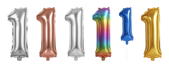 Number 1 foil balloon set including silver, rose gold, rainbow, blue, and gold colors isolated. Celebration and anniversary decoration collection.