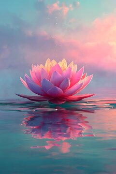 A pink-purple lotus floating above still water under a soft pastel aura, surrounded by mist and calm light &mdash; a surreal symbol of peace, mindfulness, and inner healing.