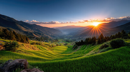 Fototapeta premium Golden sunset bathes Longsheng's lush green rice terraces, casting warm light over stepped fields and misty mountains for a serene, human-free rural landscape