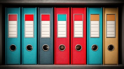 Row of colorful file folders neatly arranged on a dark shelf, showcasing a variety of vibrant hues and a professional organizational style.