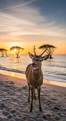 Deer on the Beach at Sunset - A Serene Coastal Encounter.