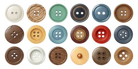 Clothing Buttons Set isolated Buttons of Various Sizes and Materials on Transparent Background