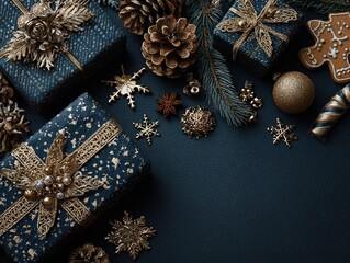 Navy Blue Background with Blue Gold Luxury Gift Boxes, Gold Snowflakes Pine Gingerbread