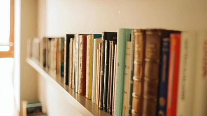 A calm and aesthetically pleasing animation of a camera panning across a shelf of colorful books. A versatile background for any literary or educational theme.