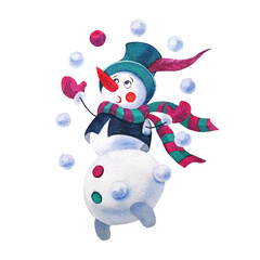 Cute white jumping juggle snowman with snowballs, green hat, red mittens, dark-blue vest, green and red scarf on a white background. Watercolor illustration in a simple childish style for Christmas.