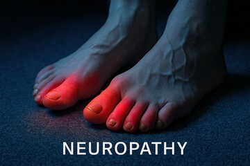 Bare feet on dark carpet with red glowing pain areas highlighting neuropathy symptoms in toes and soles
