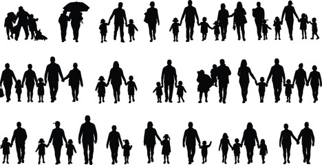 Silhouette illustration of families walking together holding hands, parents with children, family love, unity and togetherness concept design for relationship and bonding