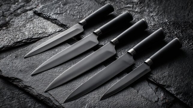 modern black kitchen knives on slate,