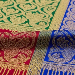 Colorful Silk Fabric with Intricate Gold Patterns - A Luxurious Textile.