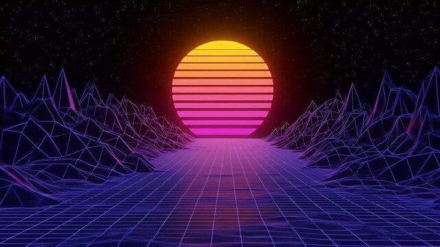Retro 80s Synthwave 3D Sunset Grid Landscape Background Animation