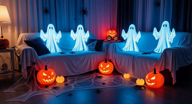 Spooky Halloween decor with glowing ghosts and jack-o'-lanterns creates festive atmosphere - Powered by Adobe