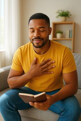 A calm man in a yellow shirt sits on a sofa holding a book with his hand over his heart eyes closed in quiet reflection