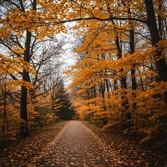 Autumn Path - A Serene Walk Through a Forest of Golden Leaves.