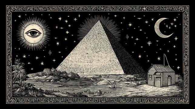 A stylized, antique-inspired illustration of an Egyptian pyramid under a night sky, featuring a celestial eye and crescent moon, surrounded by a desert landscape and small dwelling.