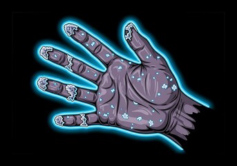 A hand with frost on the fingertips