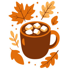 Autumn cozy vector illustration with cup of hot cocoa, marshmallows and fall leaves on white background
