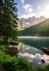 Serene Mountain Lake Reflection - A Tranquil Landscape of Natures Beauty.