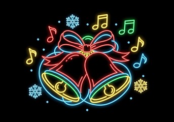 Neon christmas bells and music notes