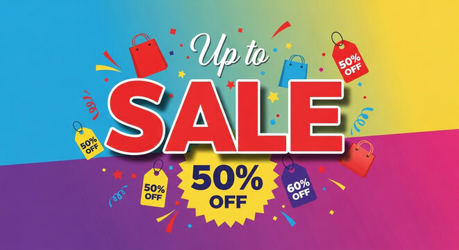 Colorful sale banner with shopping bags and confetti, advertising a discount of up to 50 off, perfect for attracting customers to your business