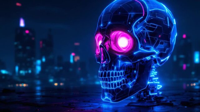Neon Skull in Cyberpunk City - A Futuristic Vision of Mortality.