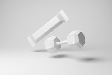 A white hex dumbbell and a protein bar floating in mid air on a white background. Illustration as a concept of the relationship between workout and nutrition