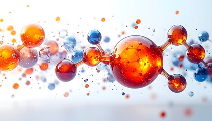 3D molecular rendering, featuring interconnected spheres of orange, blue, and clear colors, suggesting a complex scientific structure