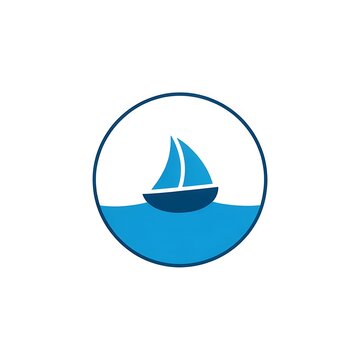 Sailboat icon in blue circle on the sea, minimal nautical symbol