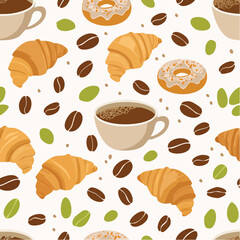 Seamless pattern of coffee croissants and donuts for a sweet morning