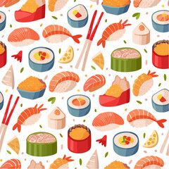 Seamless pattern of various types of sushi on a white background