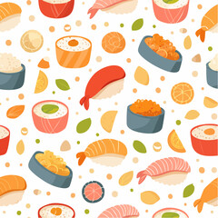 Seamless pattern of various types of sushi and other food items